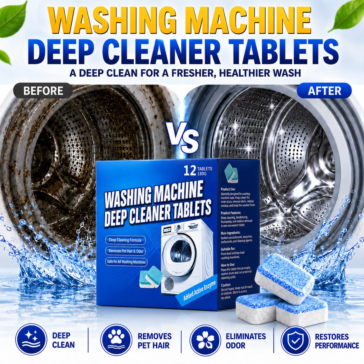🔥60% OFF⚡Washing Machine Deep Cleaner Tablets ✨ Eliminates 99% Germs, Removes Odors & Prevents Mold
