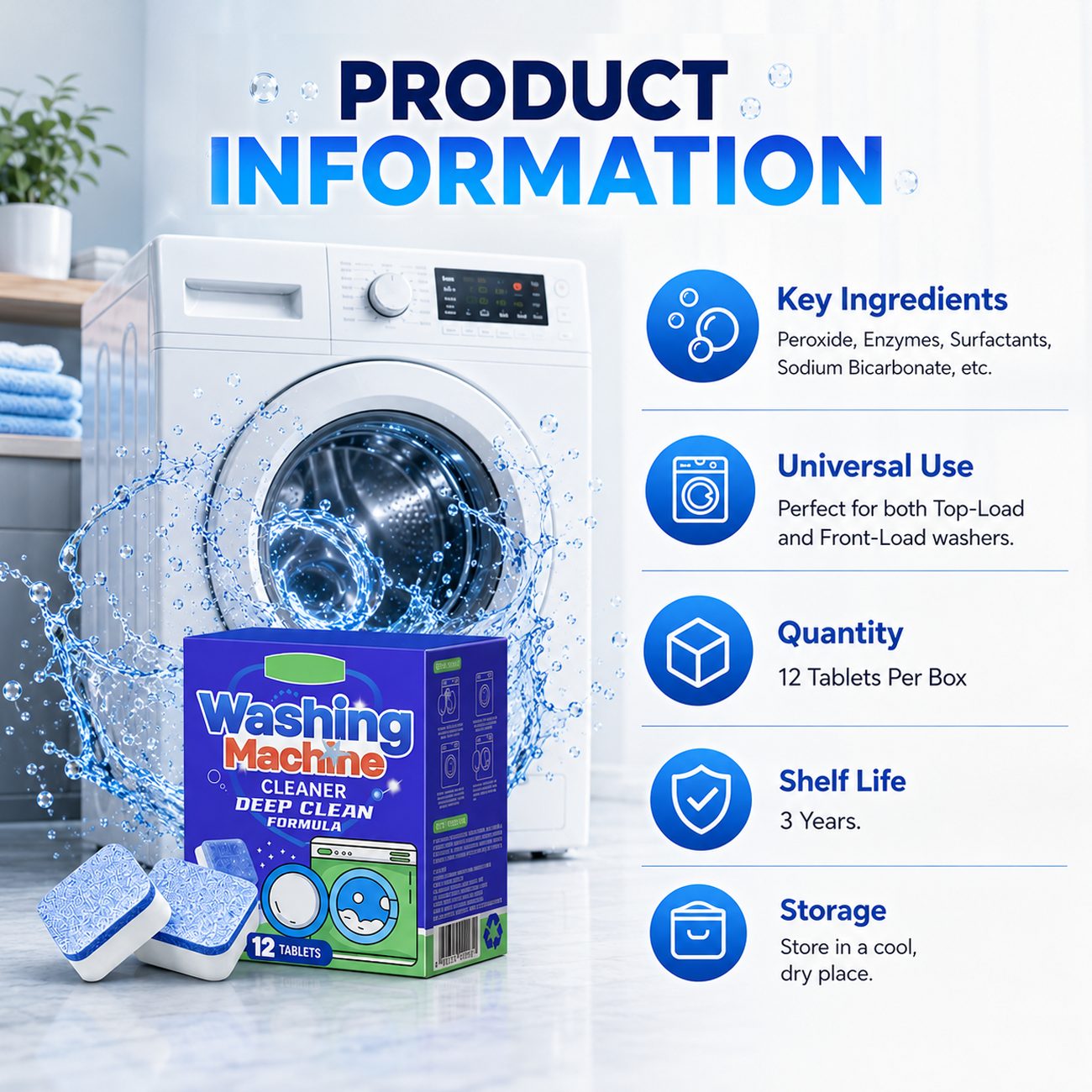 ⏰ Last Day 60% Off 🔥 Washing Machine Cleaner Tablets 🧼 Deep Clean, Remove Odor & Keep Your Washer Fresh 🏠