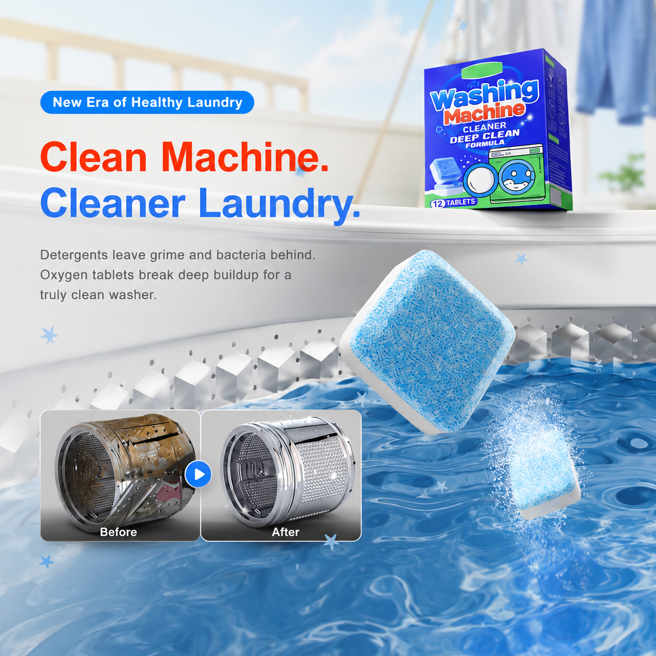 ⏰ Last Day 60% Off 🔥 Washing Machine Cleaner Tablets 🧼 Deep Clean, Remove Odor & Keep Your Washer Fresh 🏠