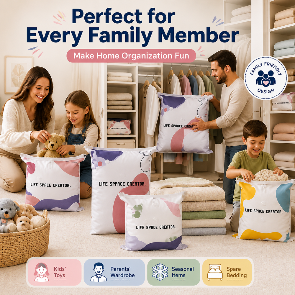 Family using no-pump storage bags for toys wardrobe seasonal items and bedding