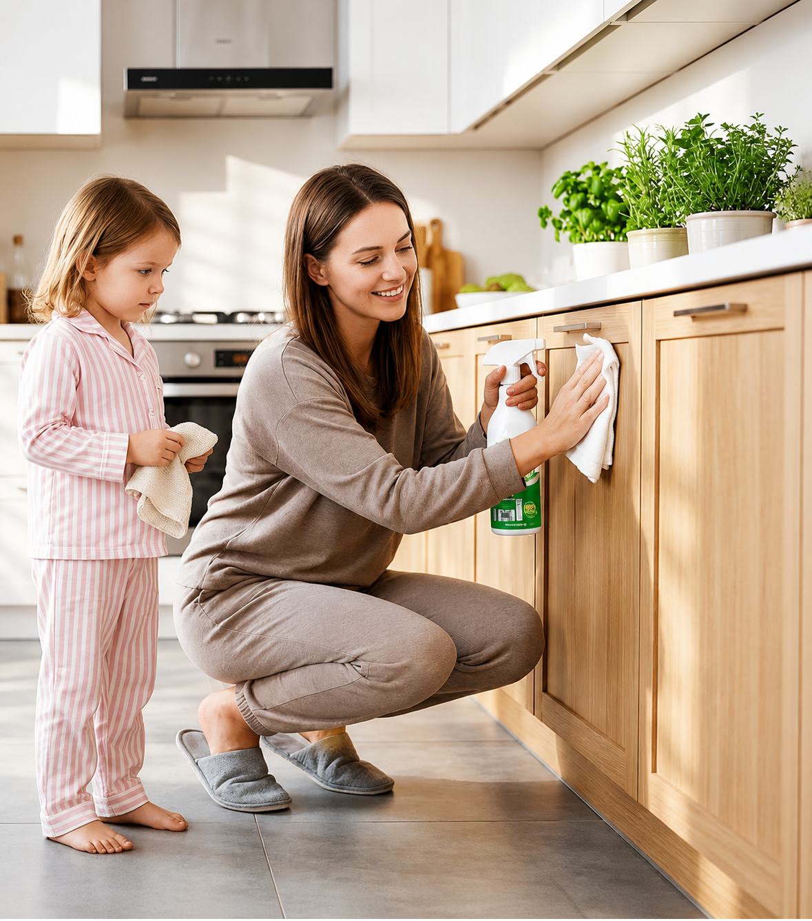 Mother cleaning kitchen cabinet with child nearby using enzyme foam cleaner