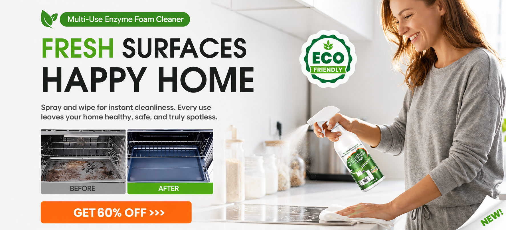 Multi-Purpose Enzyme Foam Cleaner for fresh kitchen surfaces